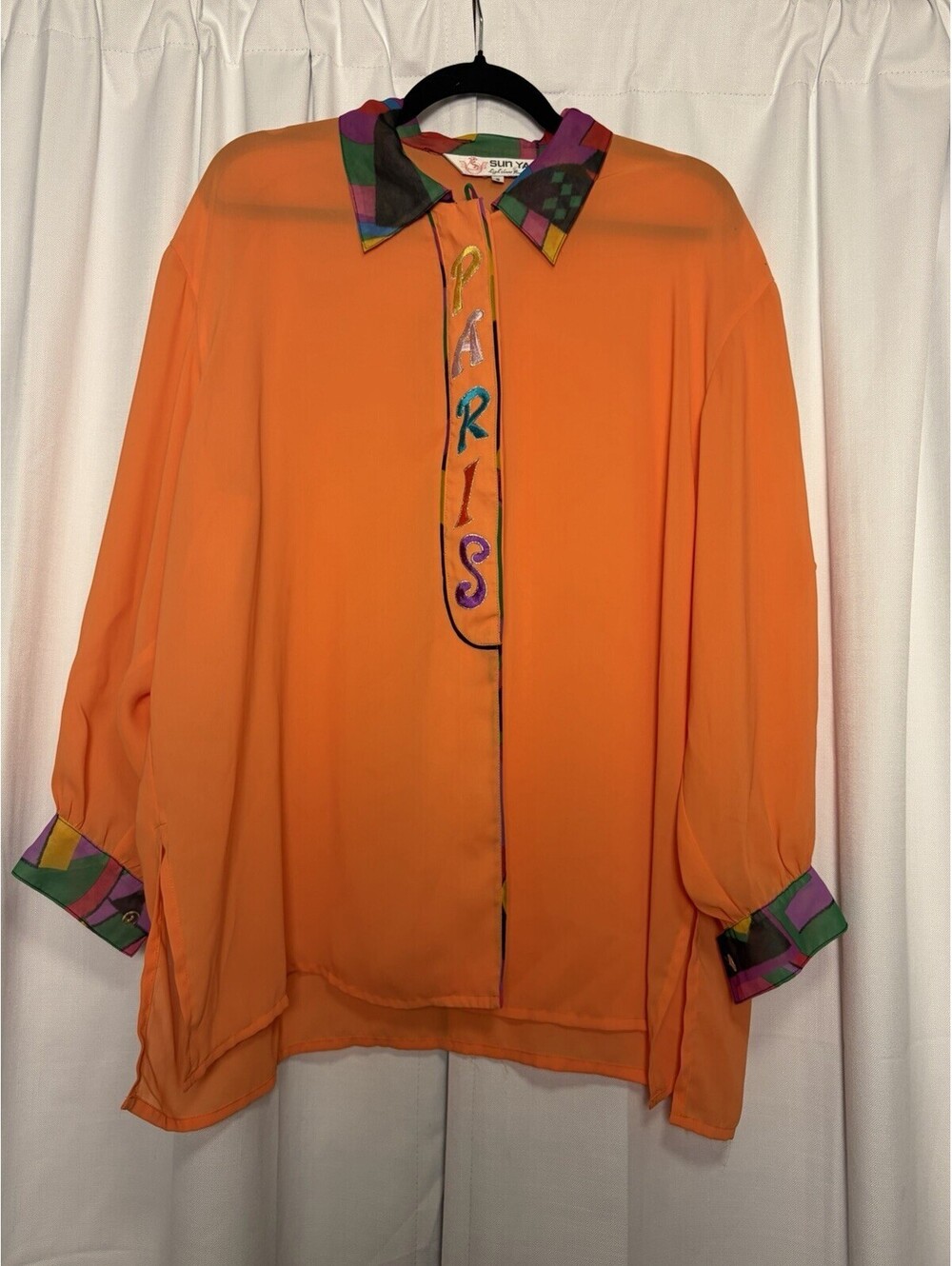 RARE 1980s Vintage Sun Ya Orange Multicolor Embroidered Paris Blouse. Size M/L